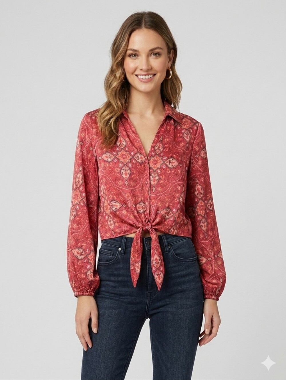 RACHEL ZOE Red Pink Boho Paisley Front Tie Crop Blouse Shirt S Western Festival